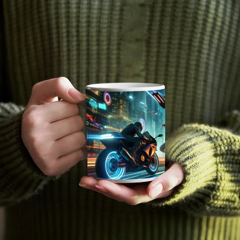 Cyberpunk Sport Bike Neon Futuristic City – Mugs