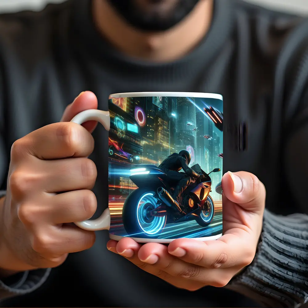 Cyberpunk Sport Bike Neon Futuristic City – Mugs
