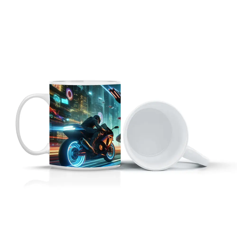 Cyberpunk Sport Bike Neon Futuristic City – Mugs