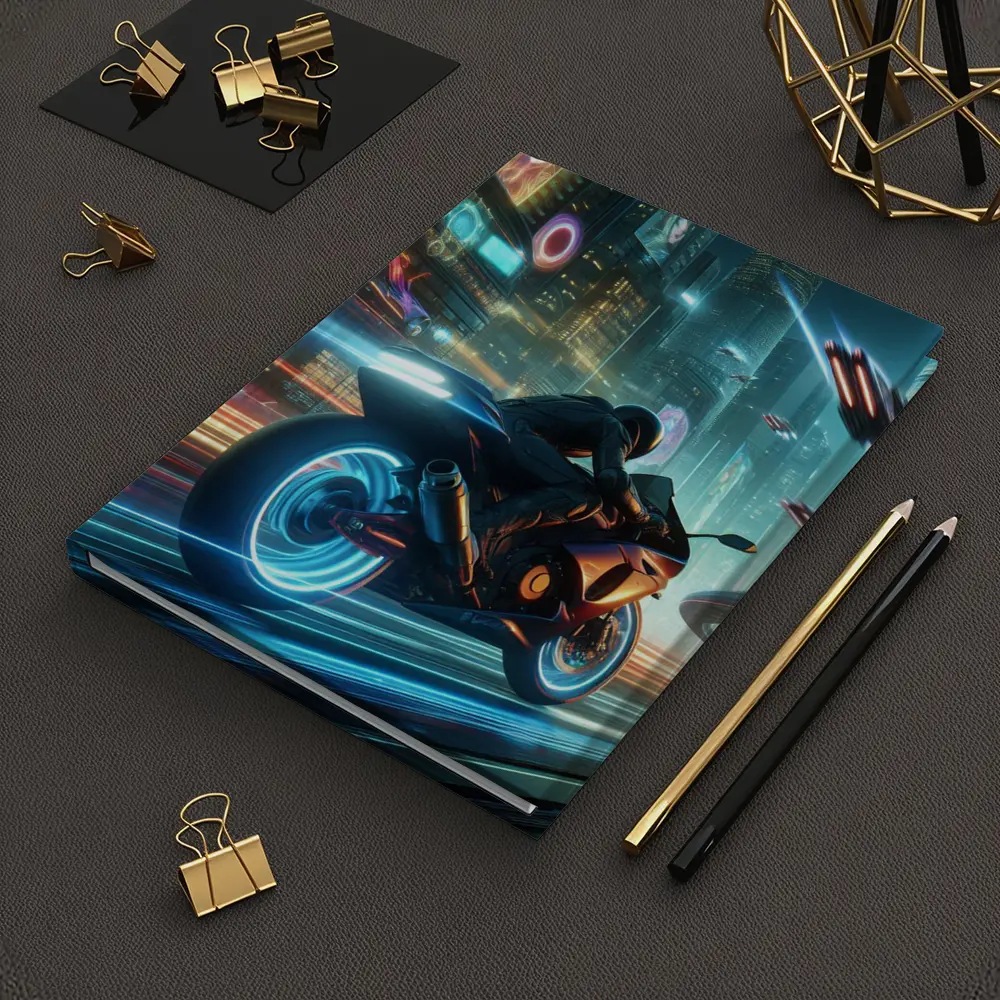 Cyberpunk Sport Bike Neon Futuristic City – Notebooks
