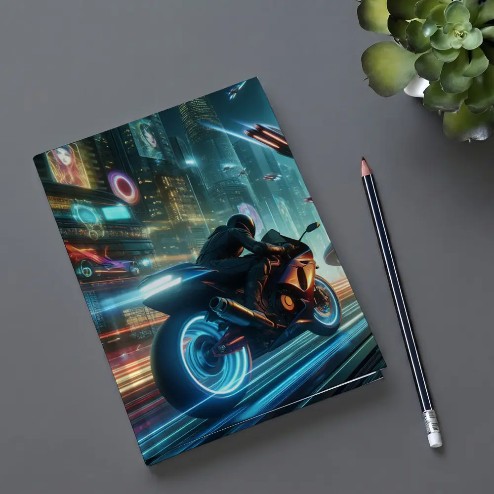 Cyberpunk Sport Bike Neon Futuristic City – Notebooks