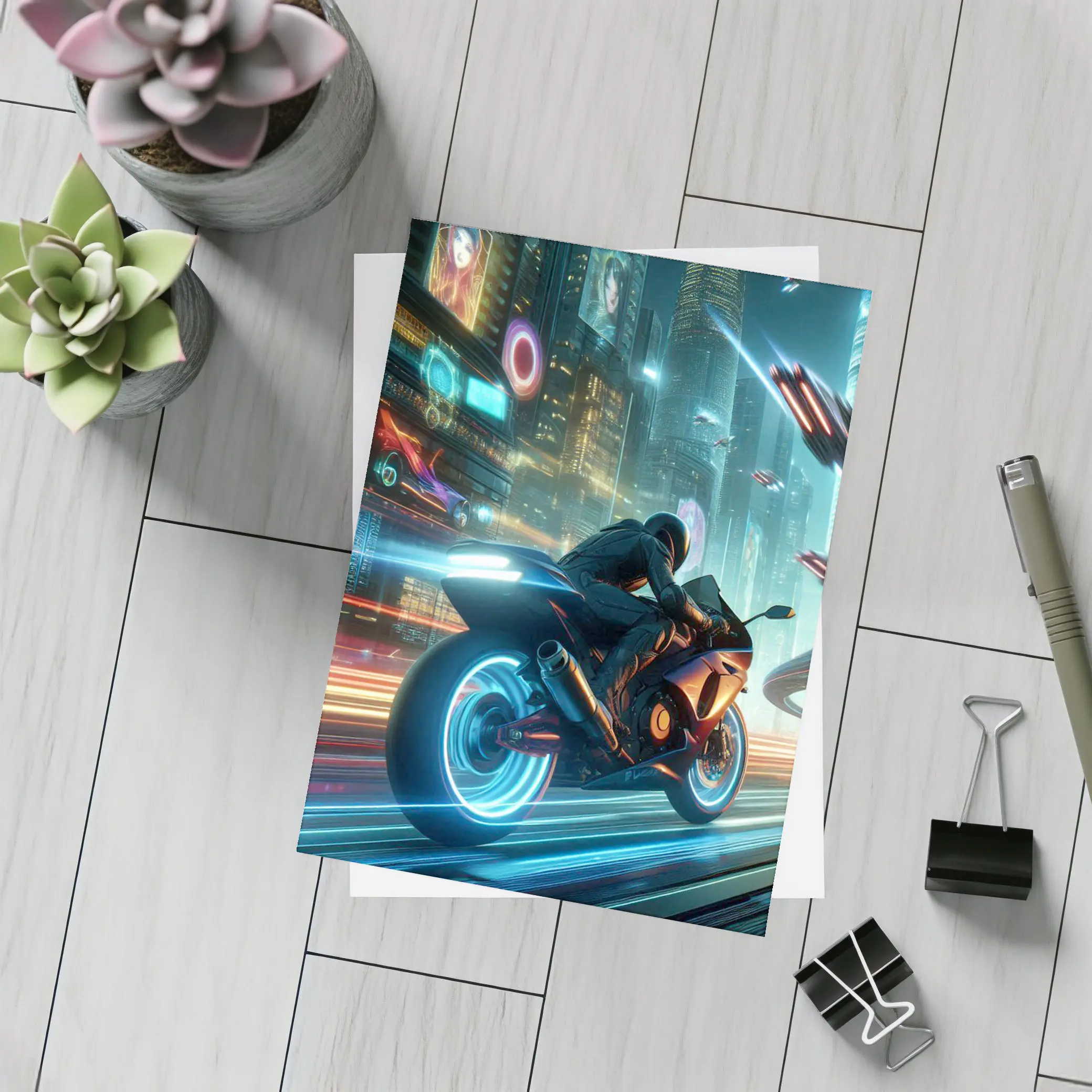 Cyberpunk Sport Bike Neon Futuristic City – Postcards