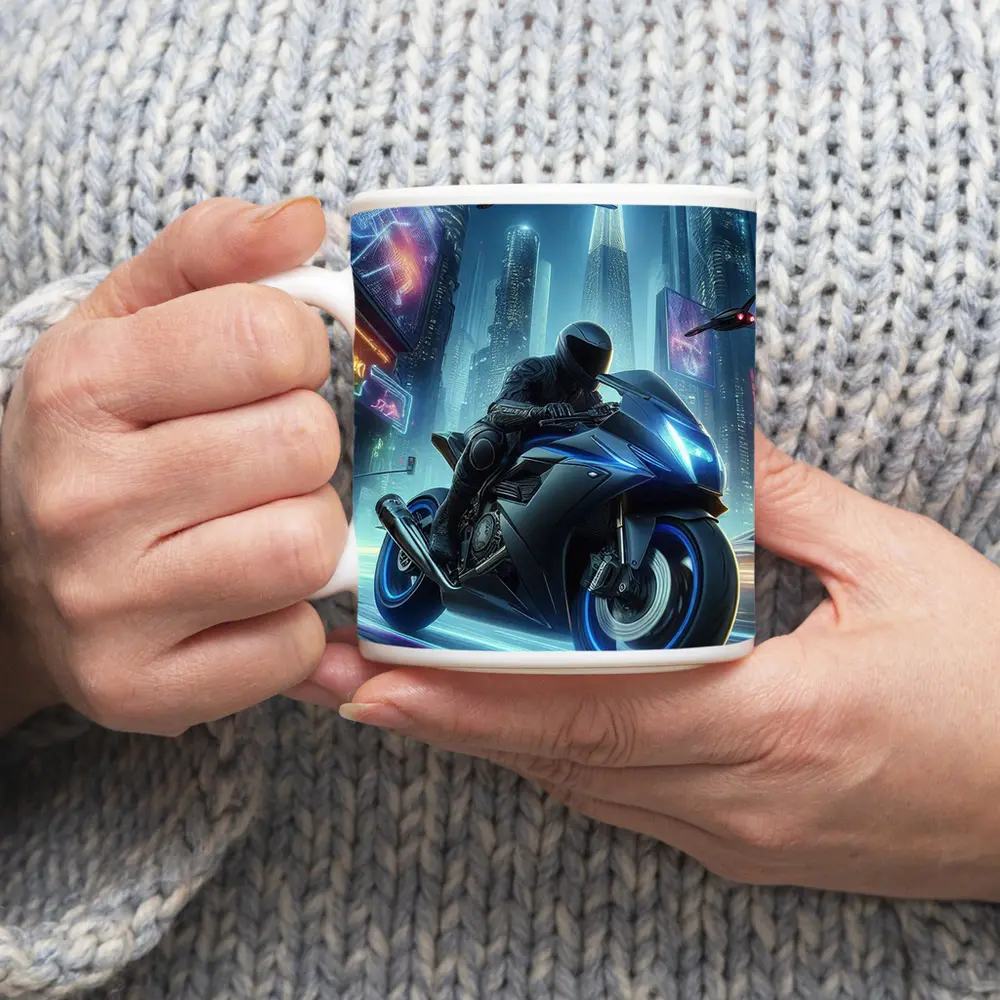 Cyberpunk Sport Bike Neon City Night – Mugs