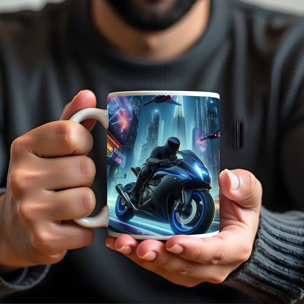 Cyberpunk Sport Bike Neon City Night – Mugs