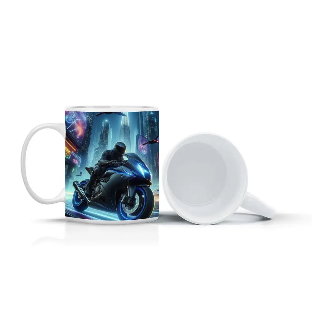 Cyberpunk Sport Bike Neon City Night – Mugs