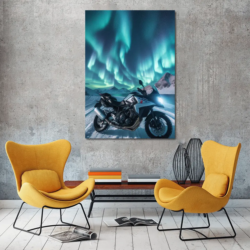 Suzuki Motorcycle Northern Lights Snowy Mountains – Wall Art