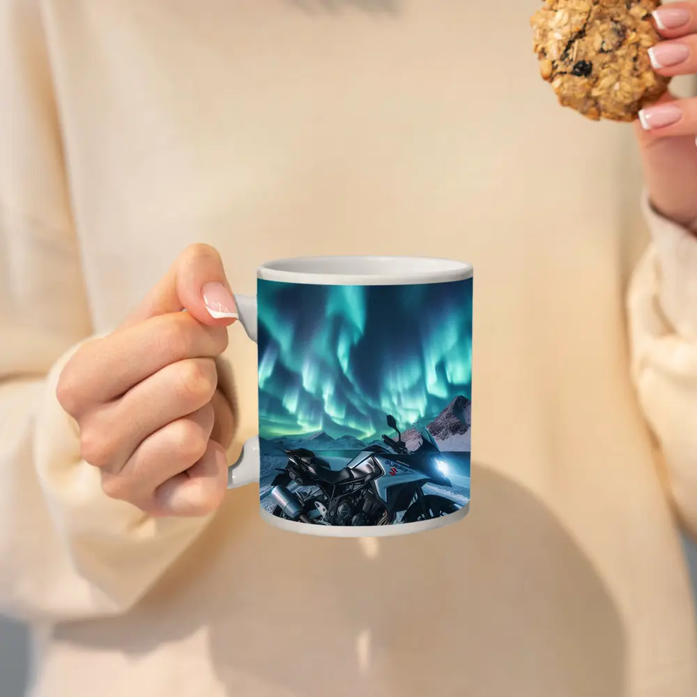 Suzuki Motorcycle Northern Lights Snowy Mountains – Mugs