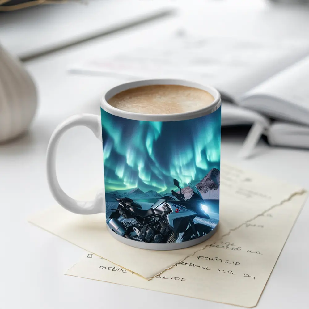 Suzuki Motorcycle Northern Lights Snowy Mountains – Mugs