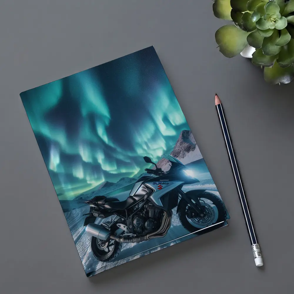 Suzuki Motorcycle Northern Lights Snowy Mountains – Notebooks