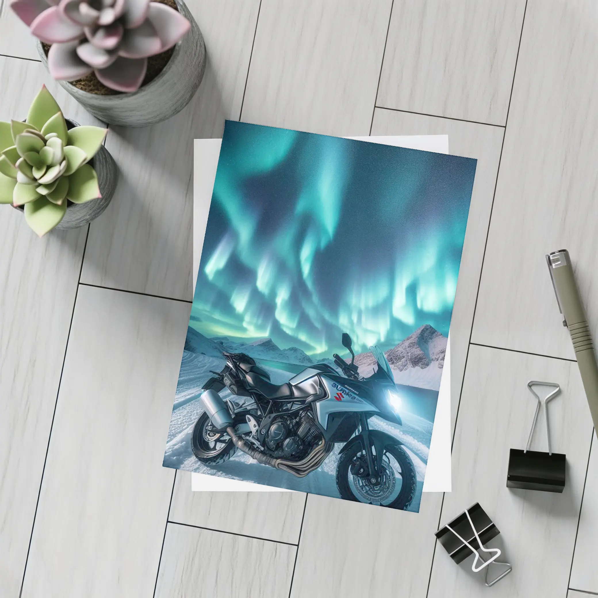 Suzuki Motorcycle Northern Lights Snowy Mountains – Postcards