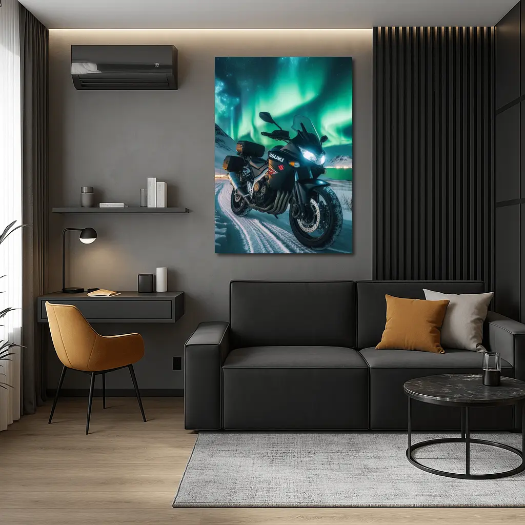 Suzuki Motorcycle Parked Under Northern Lights – Wall Art
