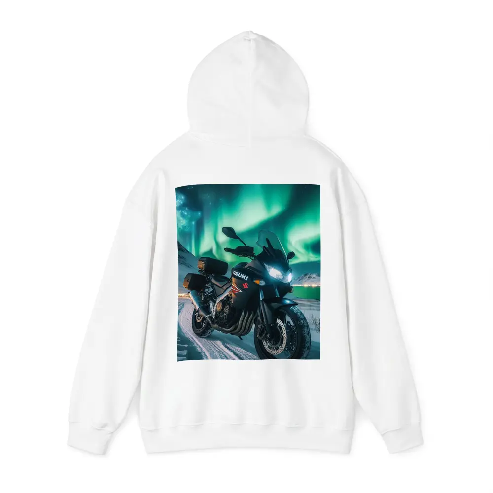 Suzuki Motorcycle Parked Under Northern Lights – Hoodies