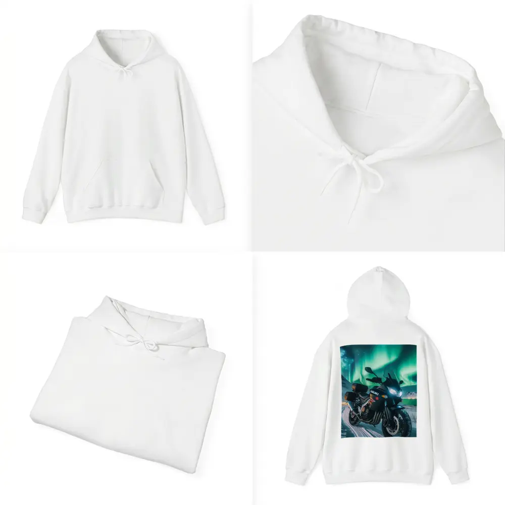 Suzuki Motorcycle Parked Under Northern Lights – Hoodies