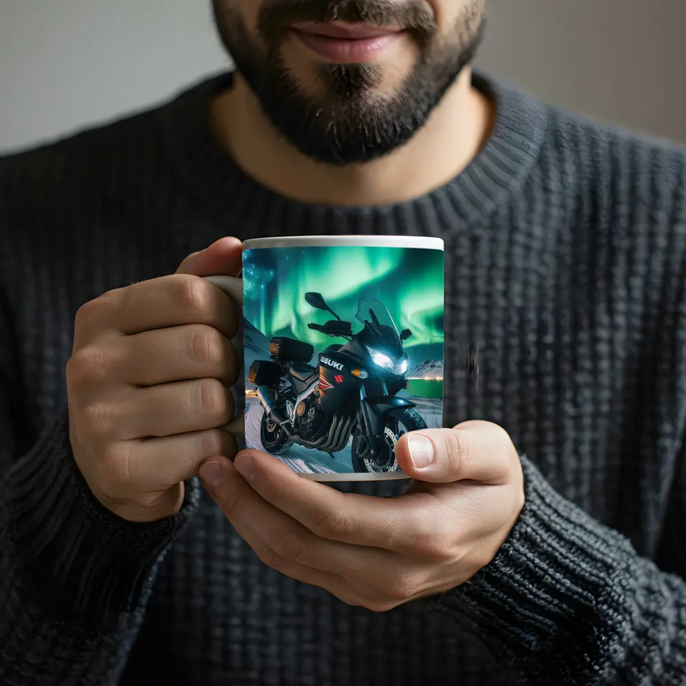 Suzuki Motorcycle Parked Under Northern Lights – Mugs
