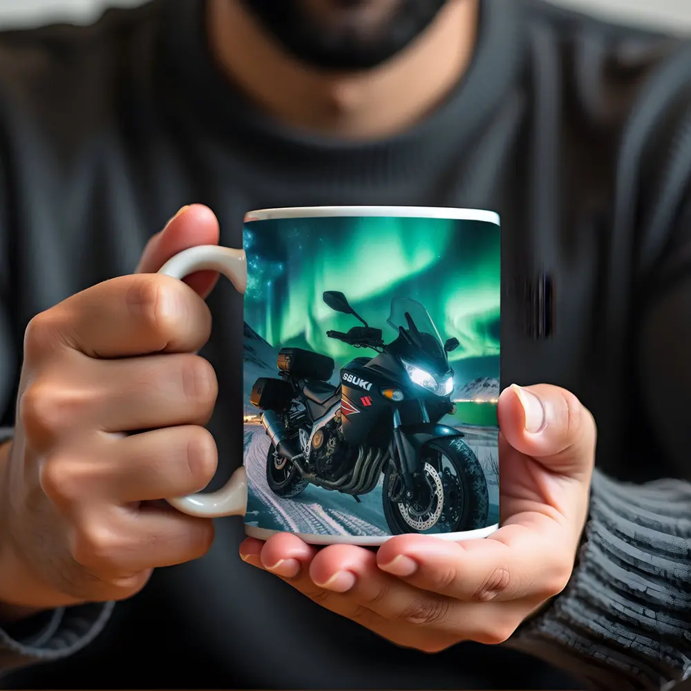 Suzuki Motorcycle Parked Under Northern Lights – Mugs