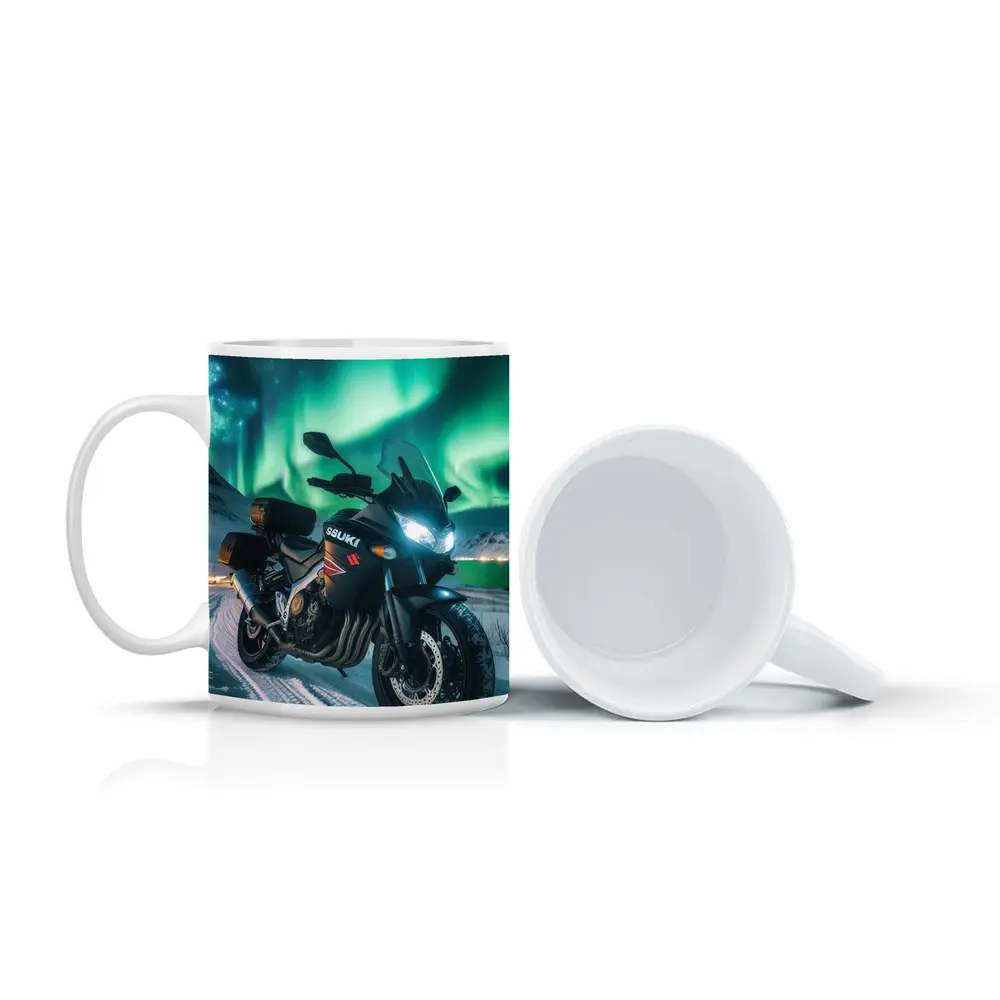 Suzuki Motorcycle Parked Under Northern Lights – Mugs