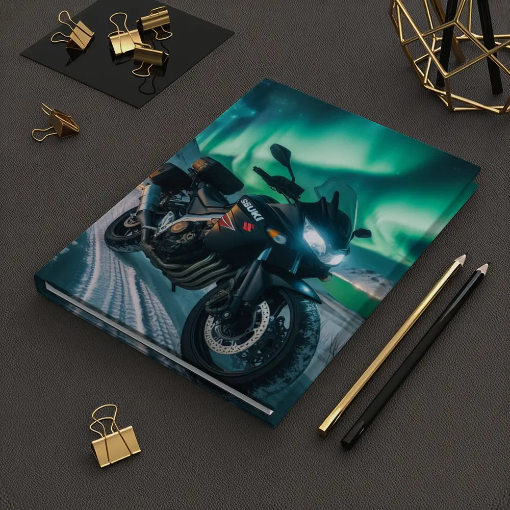 Suzuki Motorcycle Parked Under Northern Lights – Notebooks