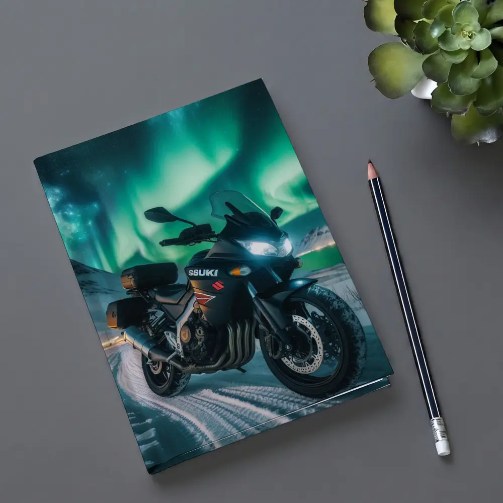 Suzuki Motorcycle Parked Under Northern Lights – Notebooks