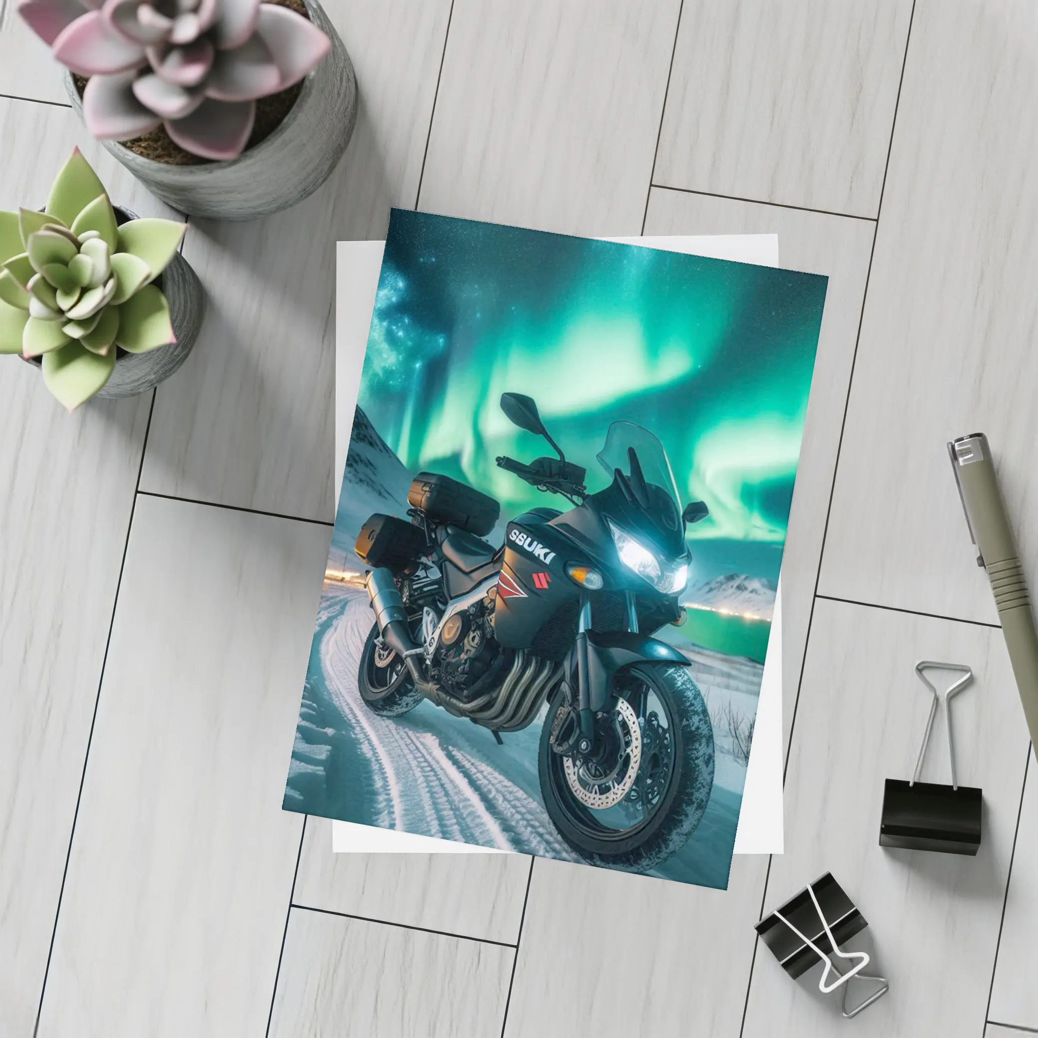 Suzuki Motorcycle Parked Under Northern Lights – Postcards