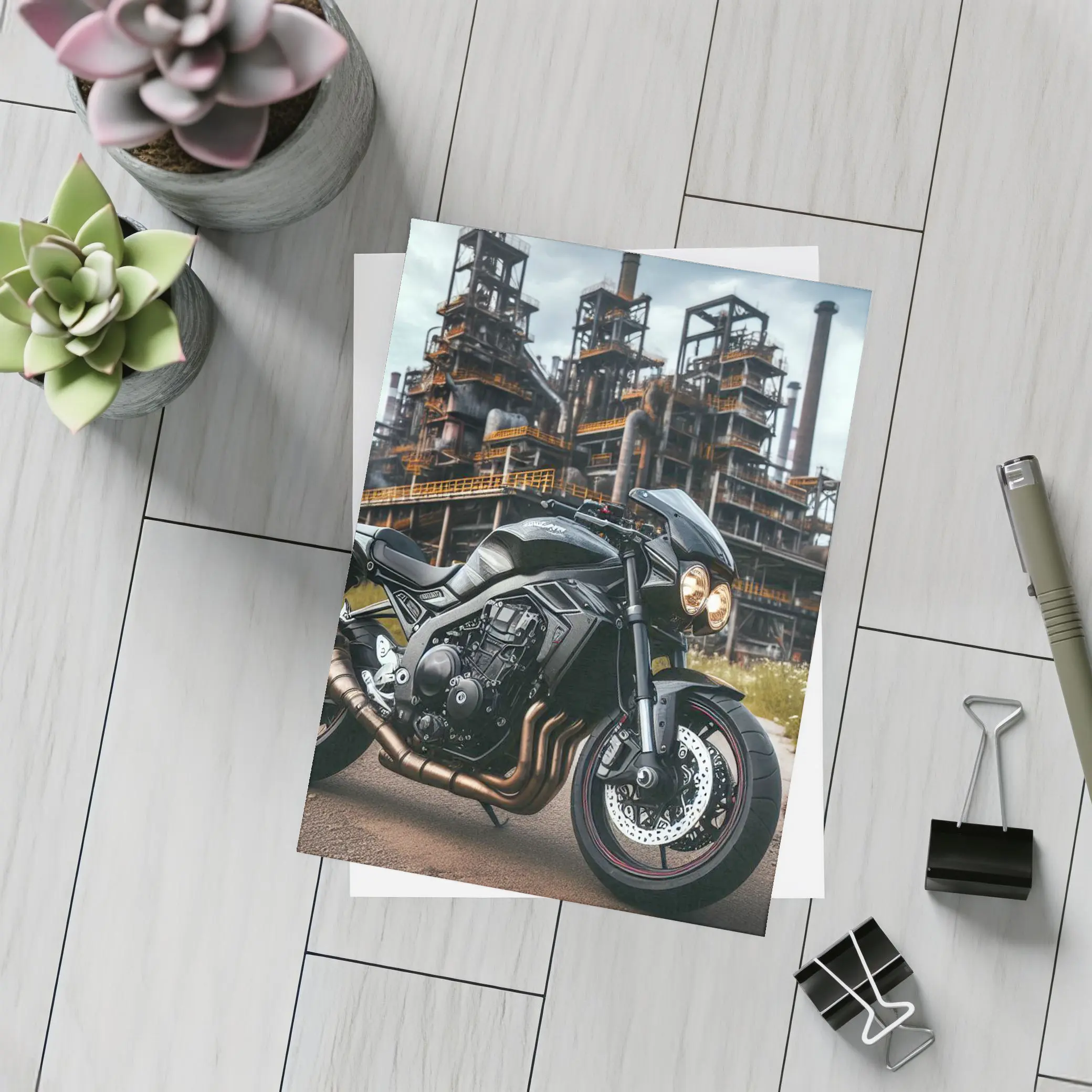 Black Naked Bike Industrial Refinery Background – Postcards