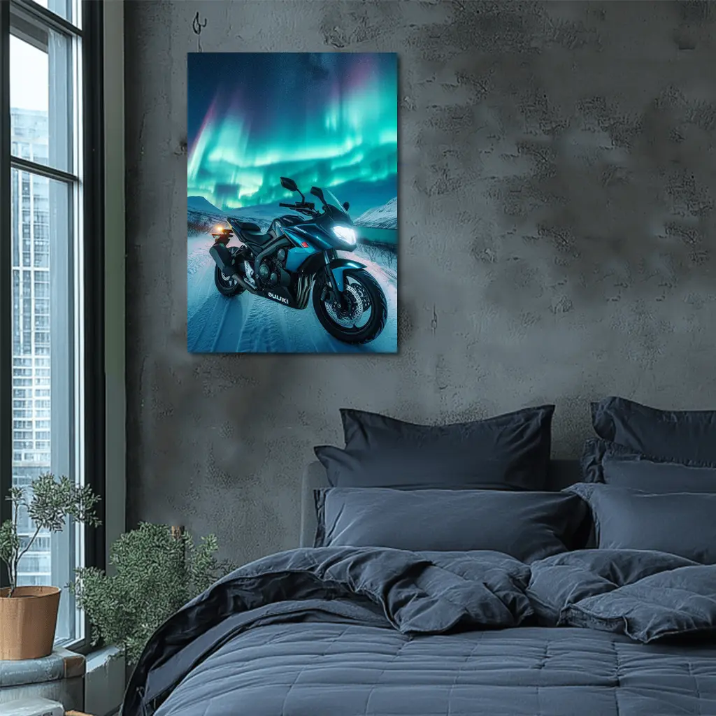Suzuki Motorcycle Under Northern Lights Winter – Wall Art