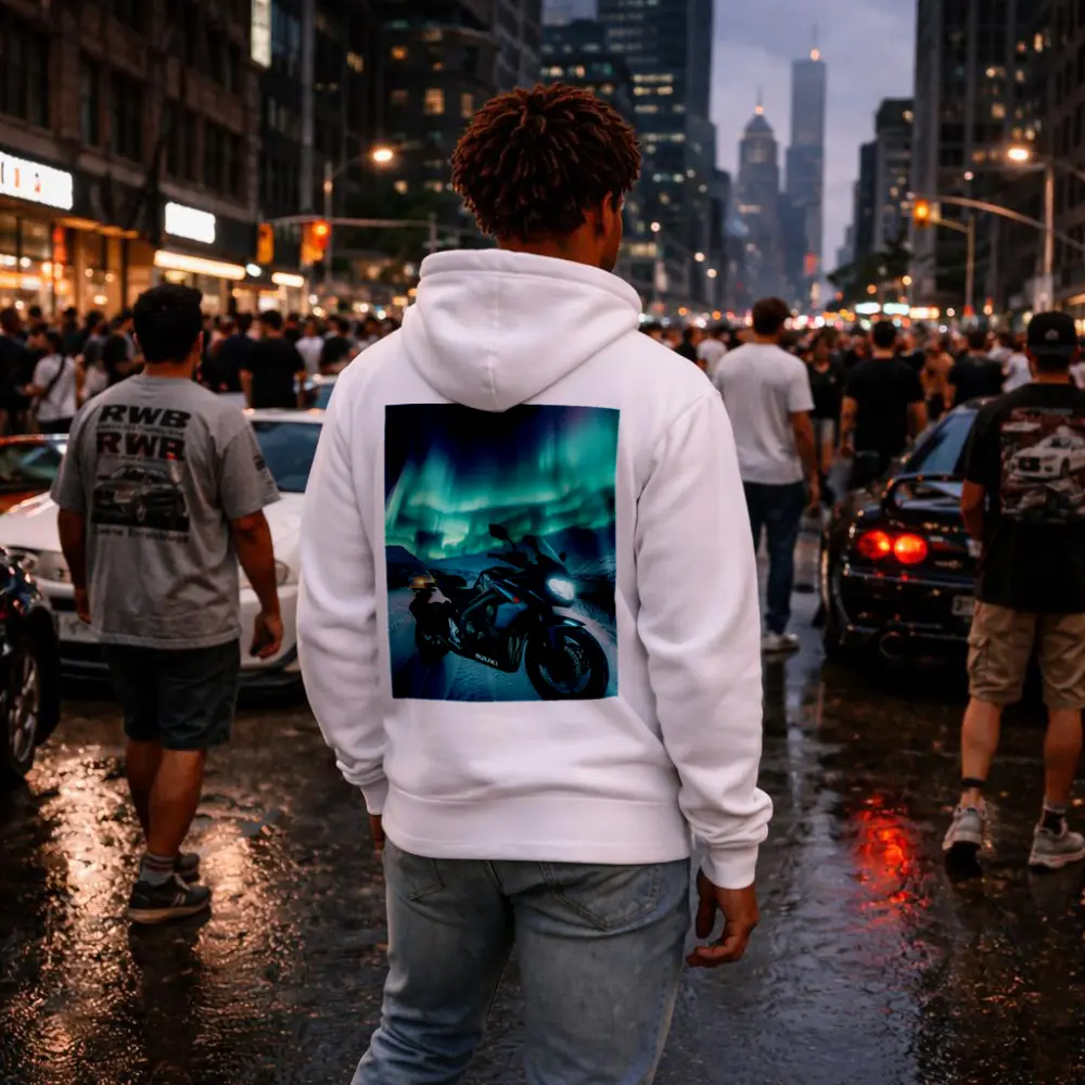 Suzuki Motorcycle Under Northern Lights Winter – Hoodies