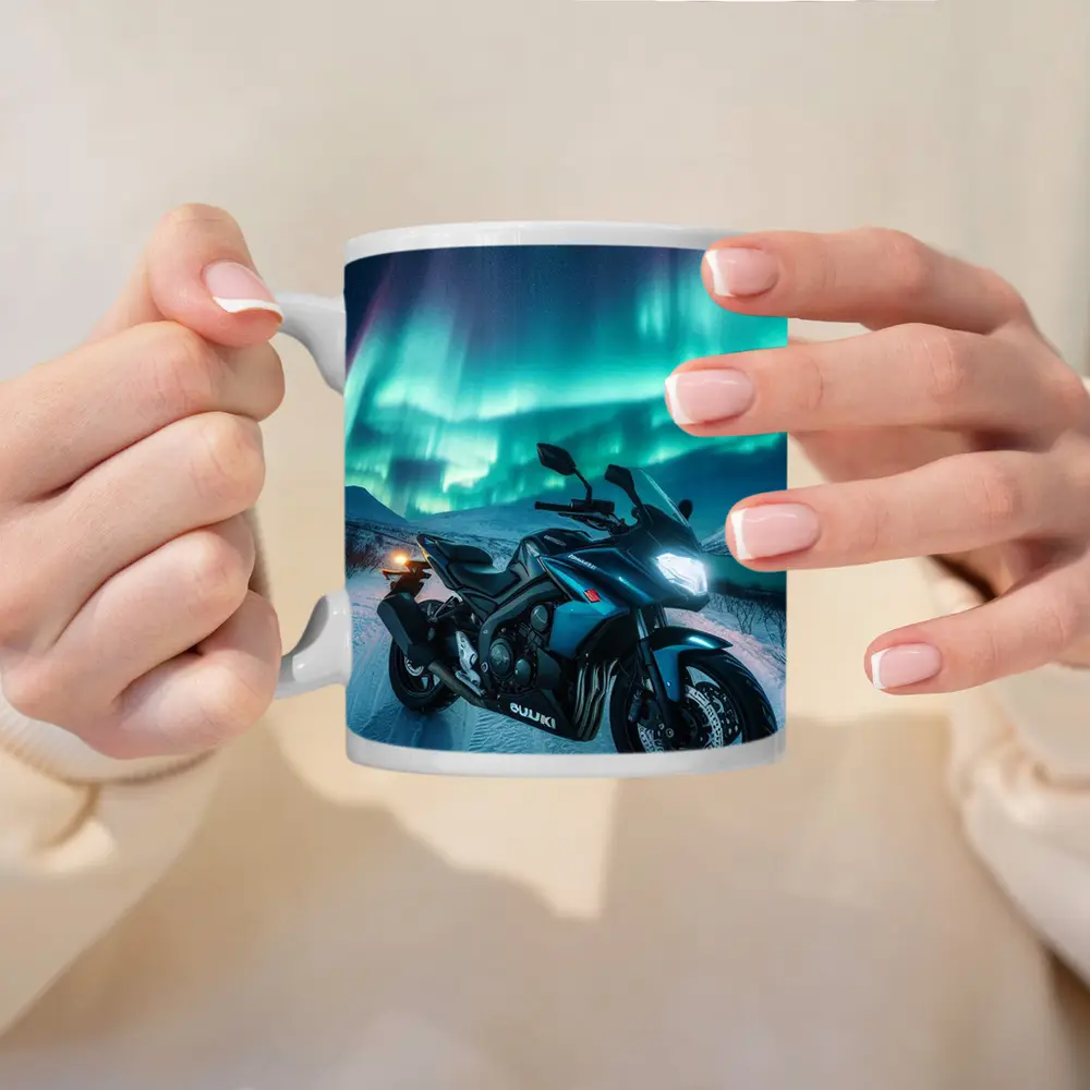 Suzuki Motorcycle Under Northern Lights Winter – Mugs