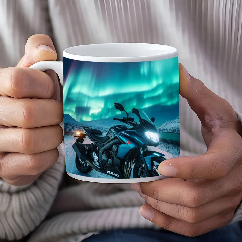 Suzuki Motorcycle Under Northern Lights Winter – Mugs
