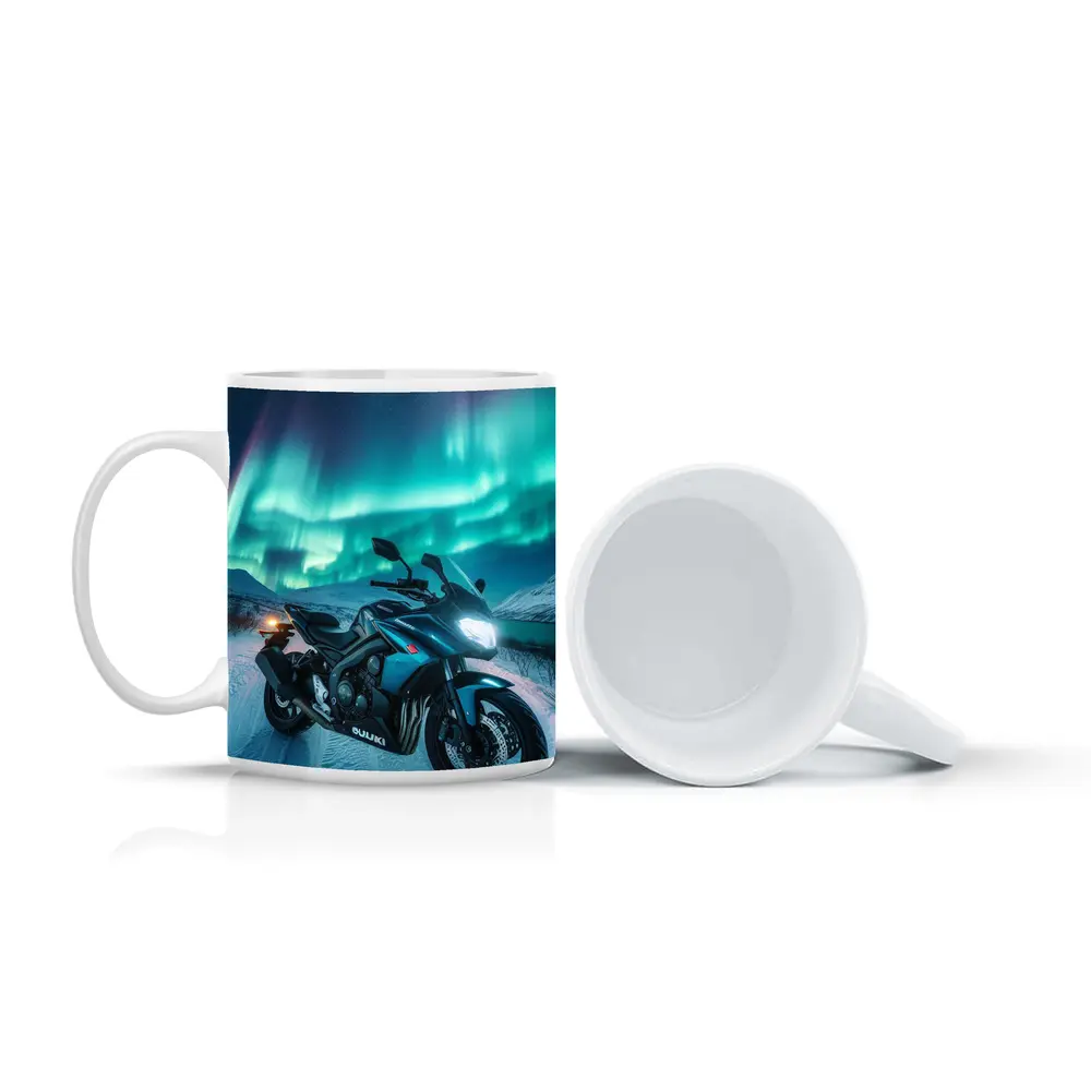 Suzuki Motorcycle Under Northern Lights Winter – Mugs