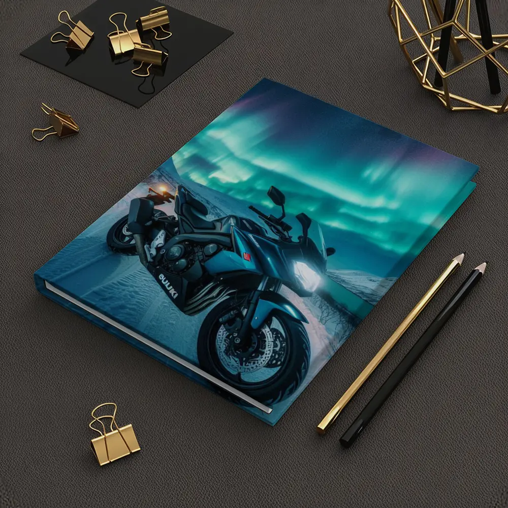 Suzuki Motorcycle Under Northern Lights Winter – Notebooks