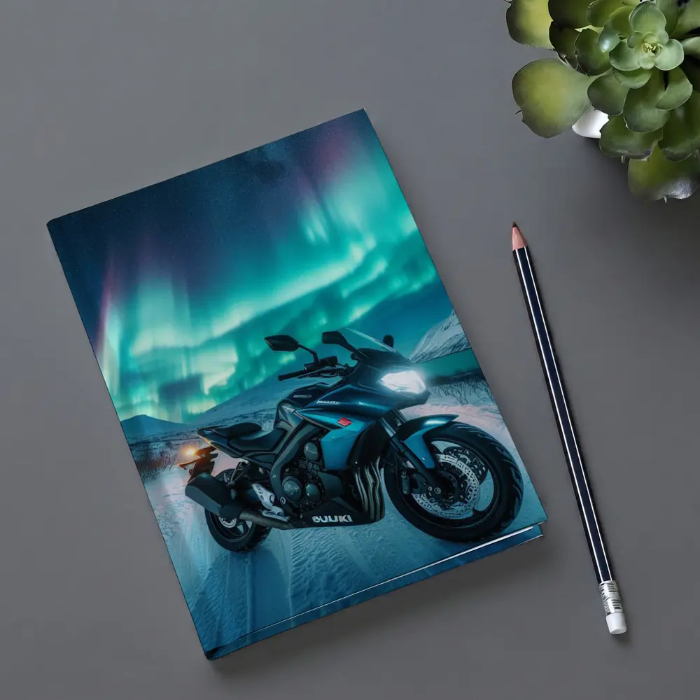 Suzuki Motorcycle Under Northern Lights Winter – Notebooks