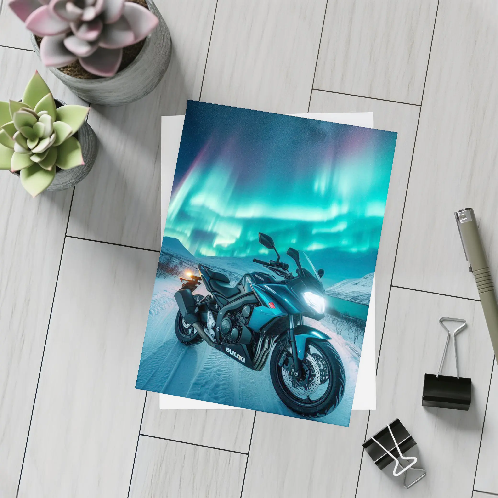 Suzuki Motorcycle Under Northern Lights Winter – Postcards