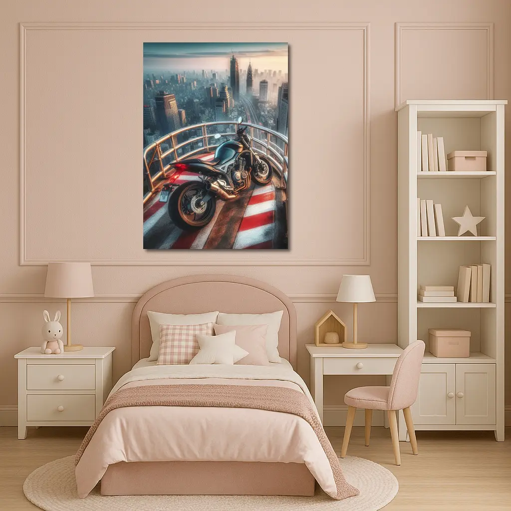 Sport Bike Rooftop City Skyline View – Wall Art