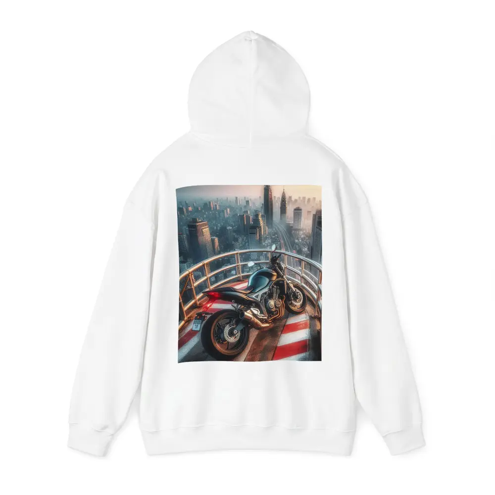 Sport Bike Rooftop City Skyline View – Hoodies
