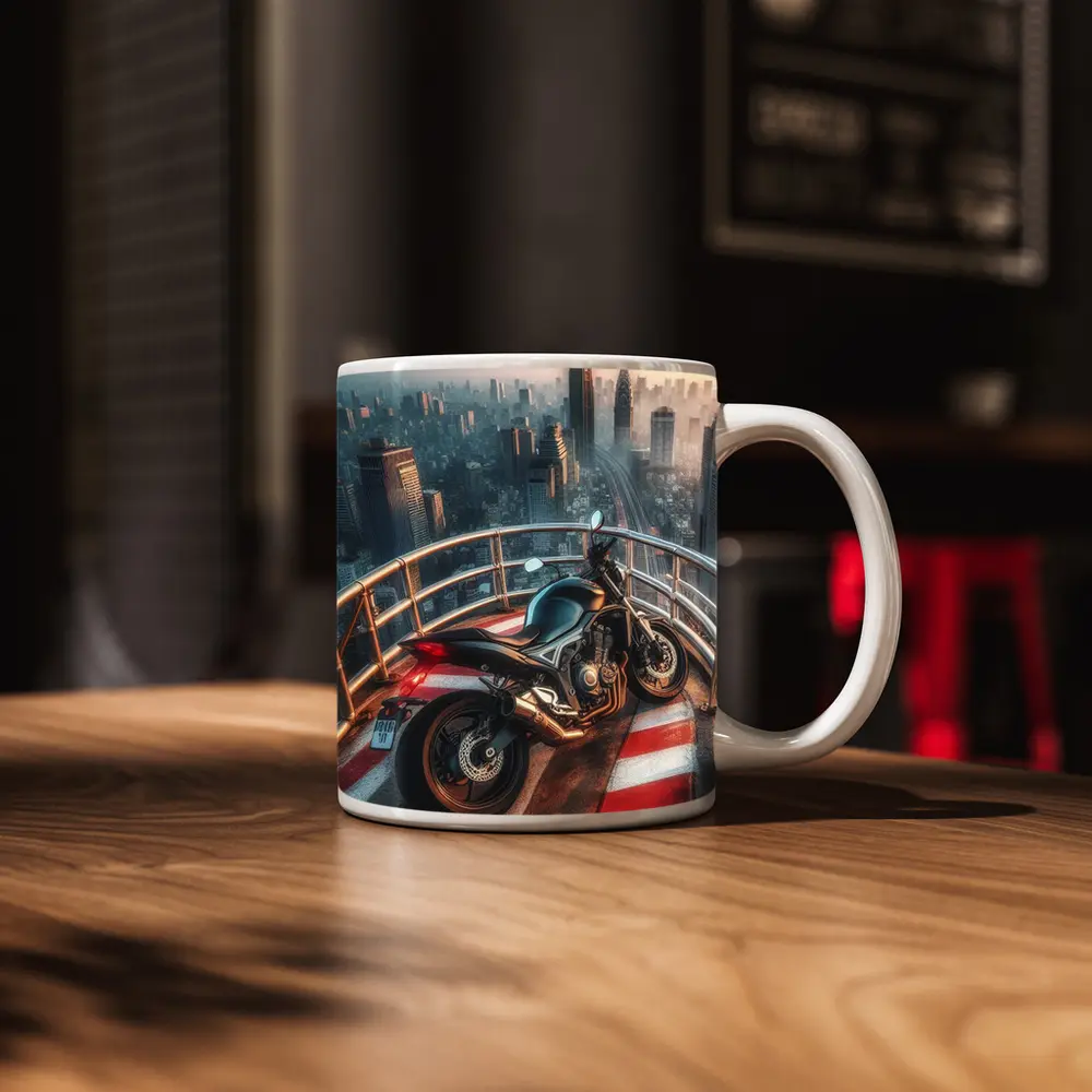 Sport Bike Rooftop City Skyline View – Mugs