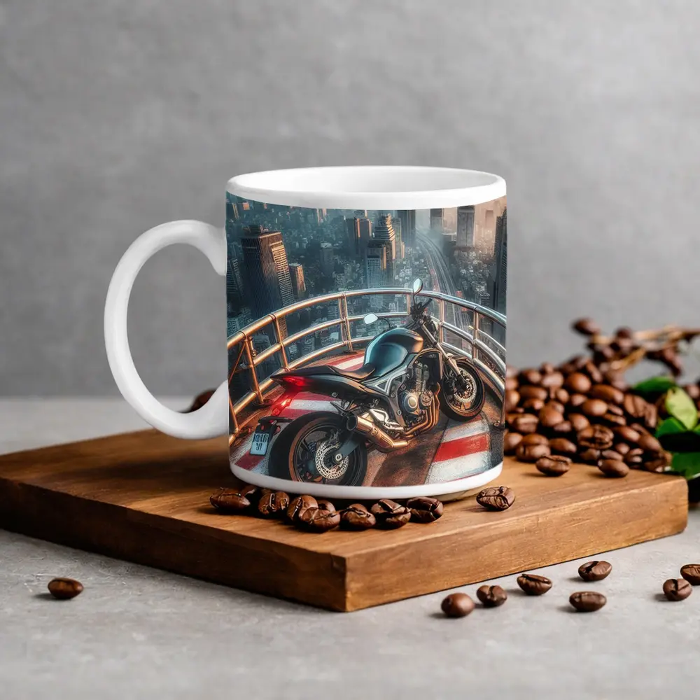 Sport Bike Rooftop City Skyline View – Mugs