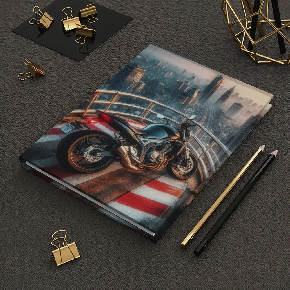 Sport Bike Rooftop City Skyline View – Notebooks