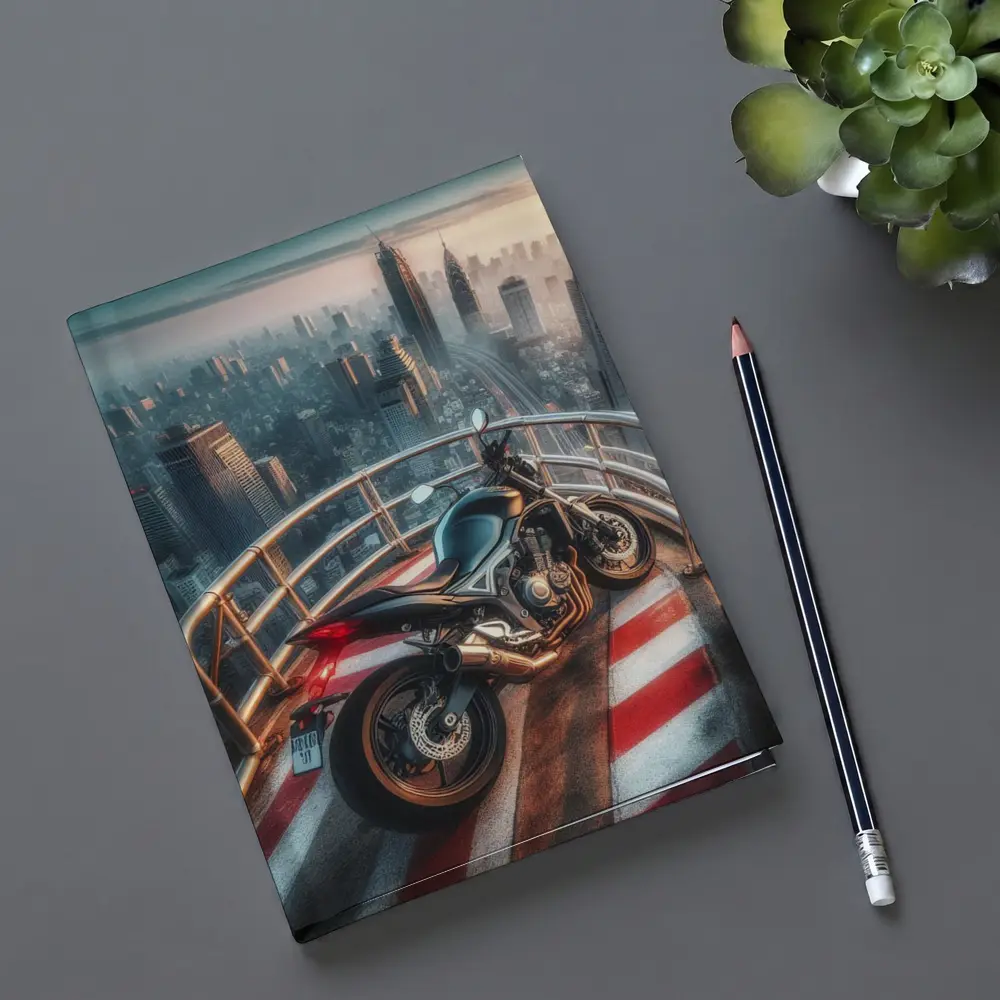 Sport Bike Rooftop City Skyline View – Notebooks
