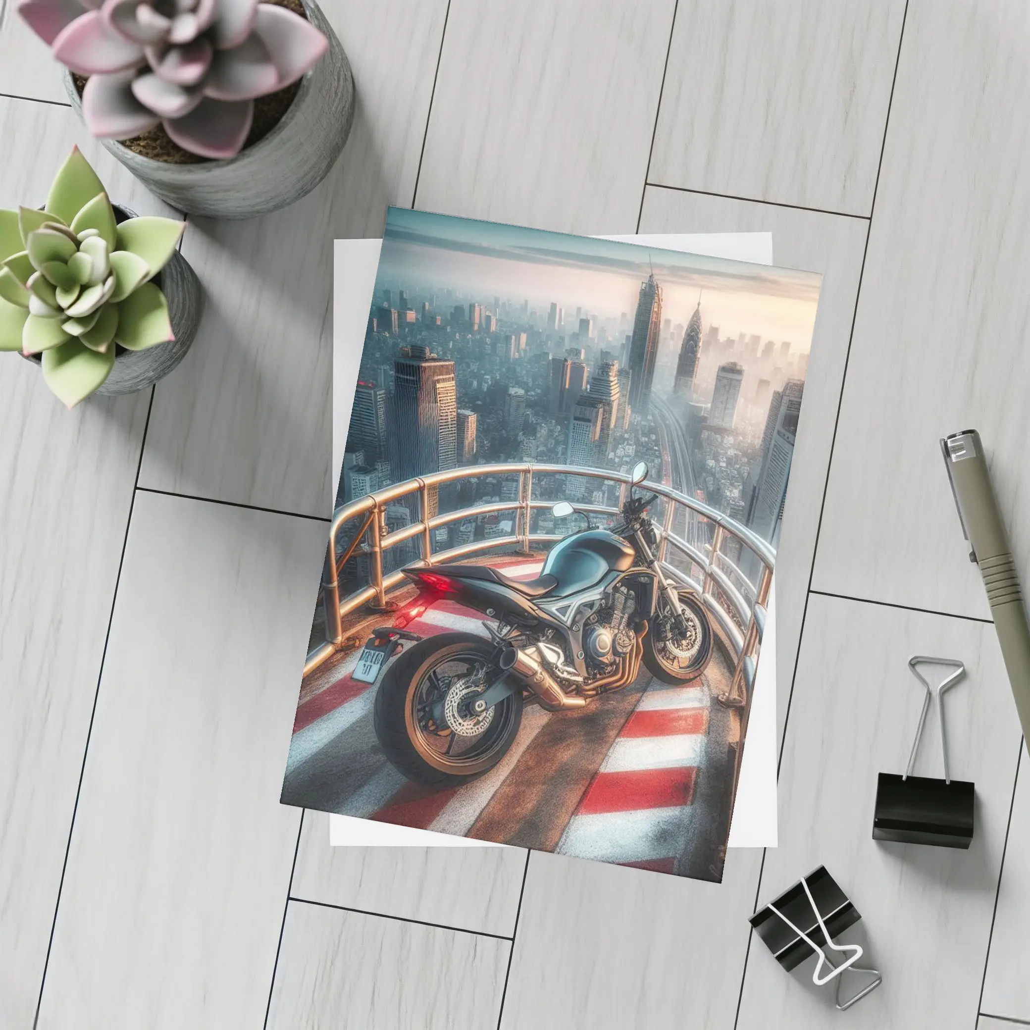 Sport Bike Rooftop City Skyline View – Postcards