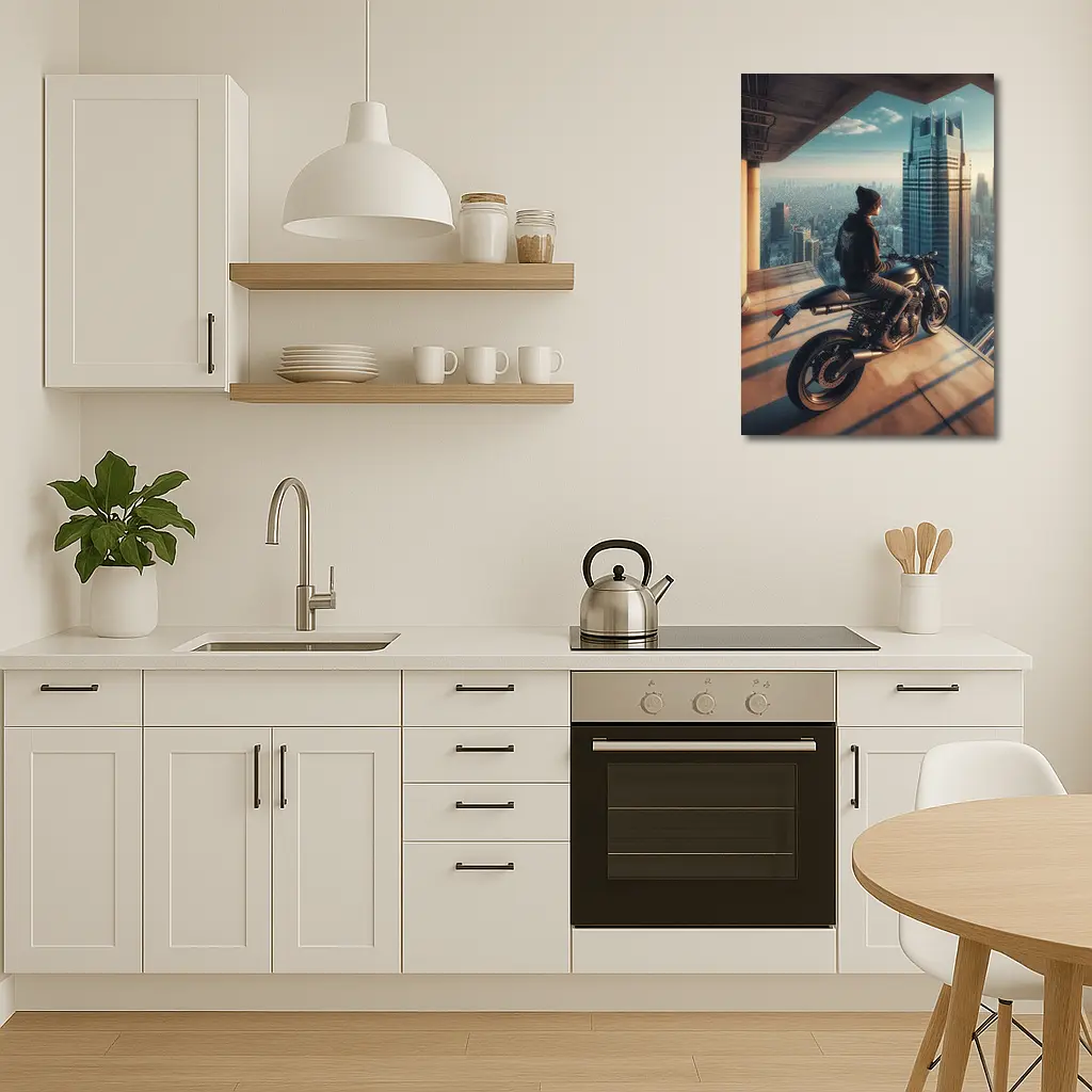 Scrambler Motorcycle Rider City Skyline View – Wall Art