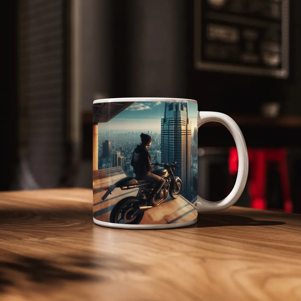 Scrambler Motorcycle Rider City Skyline View – Mugs