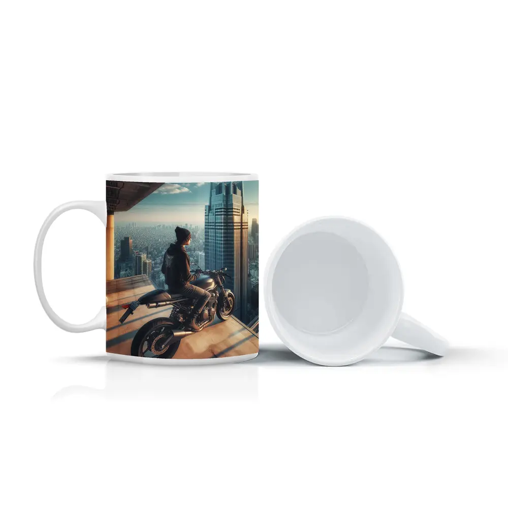 Scrambler Motorcycle Rider City Skyline View – Mugs