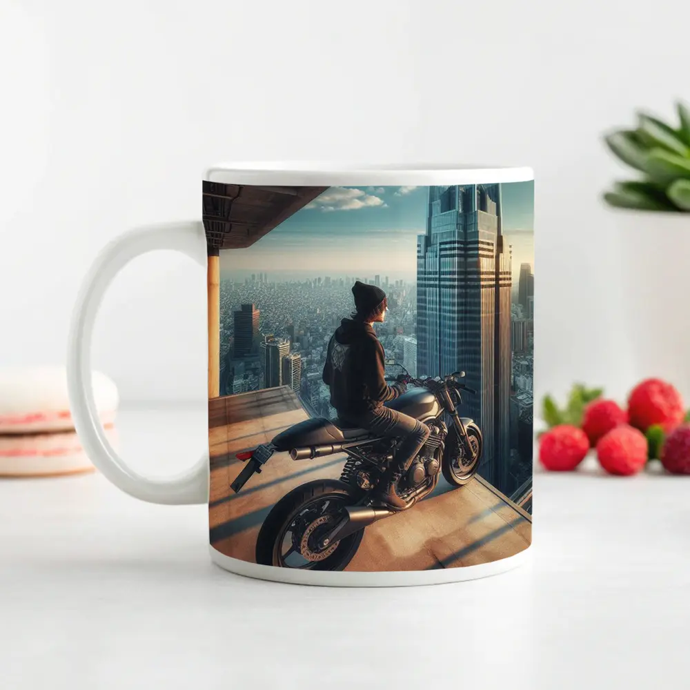 Scrambler Motorcycle Rider City Skyline View – Mugs