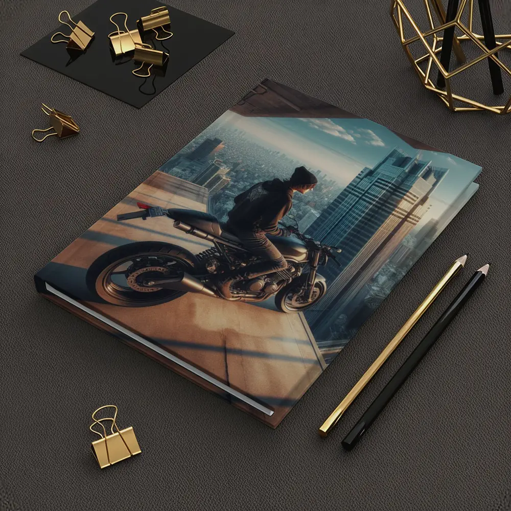 Scrambler Motorcycle Rider City Skyline View – Notebooks