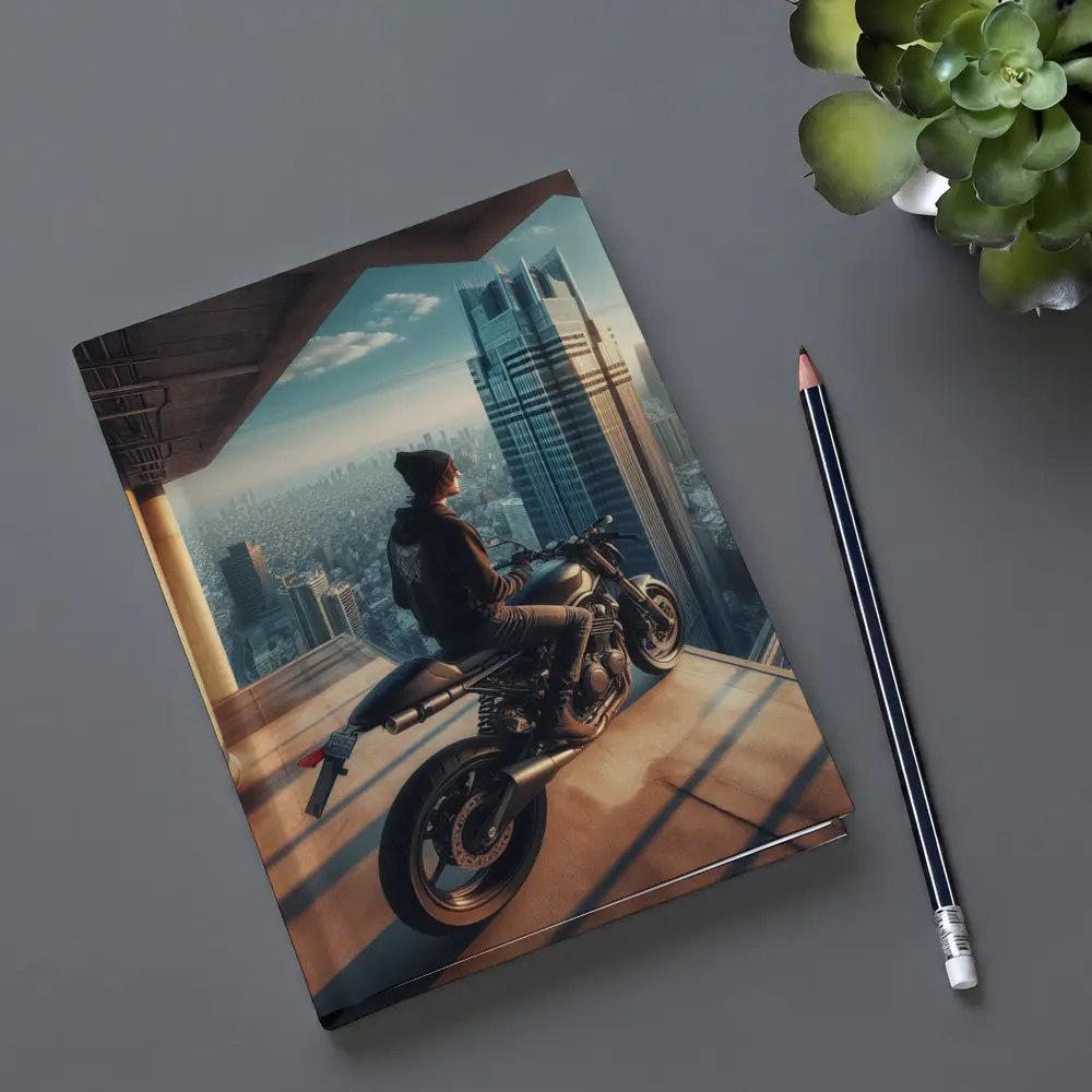Scrambler Motorcycle Rider City Skyline View – Notebooks