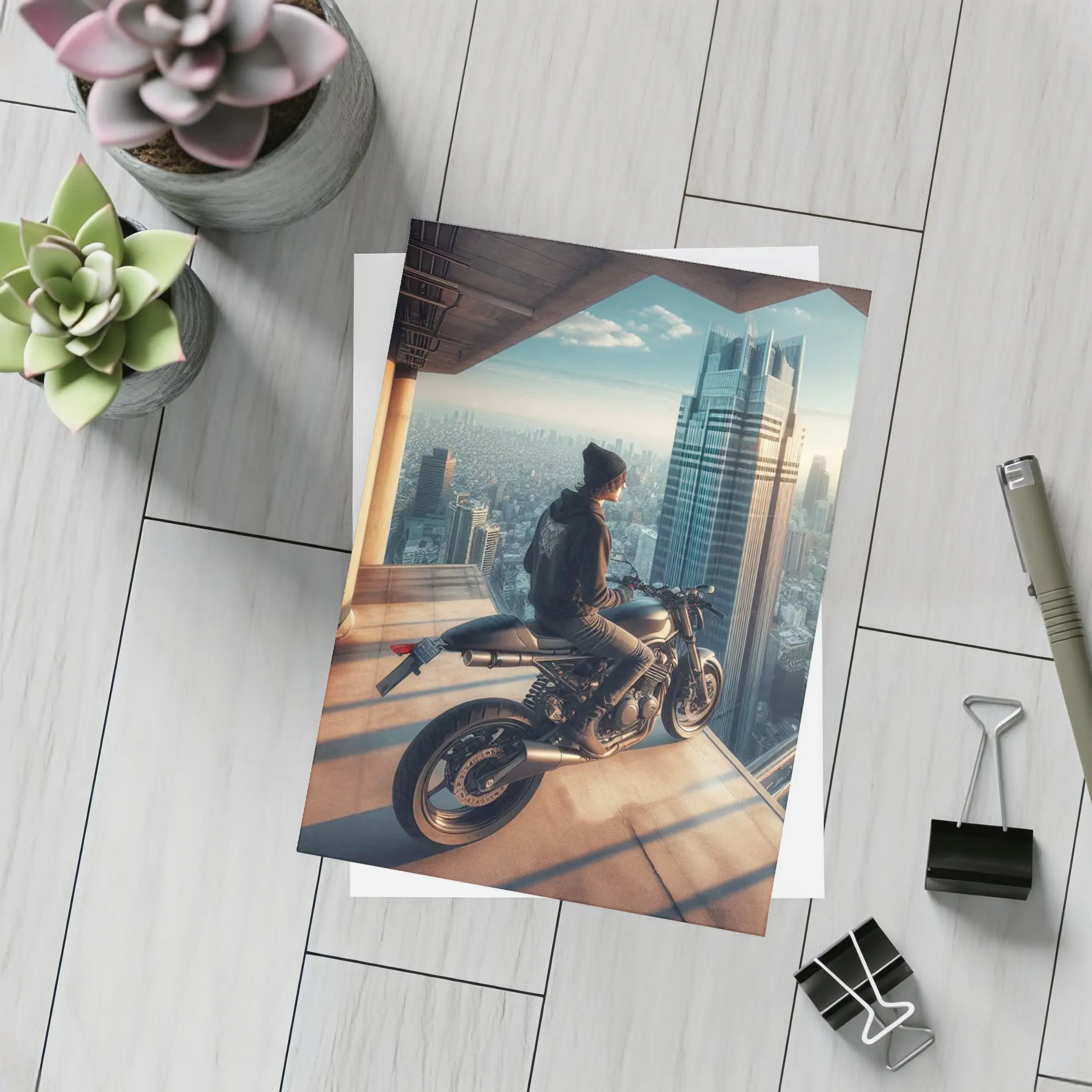 Scrambler Motorcycle Rider City Skyline View – Postcards
