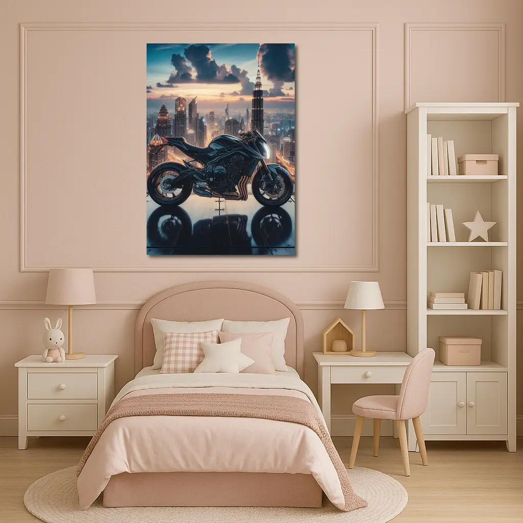 Dark Naked Bike Dubai City Skyline Night – Wall Art