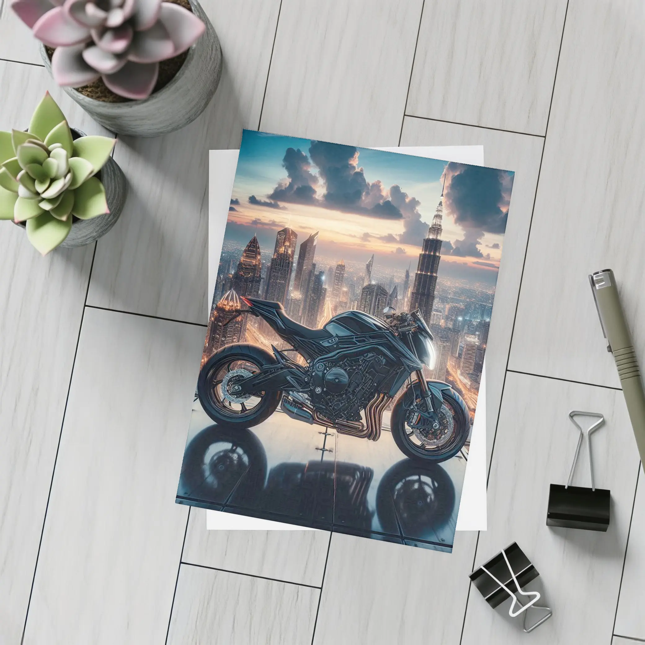 Dark Naked Bike Dubai City Skyline Night – Postcards