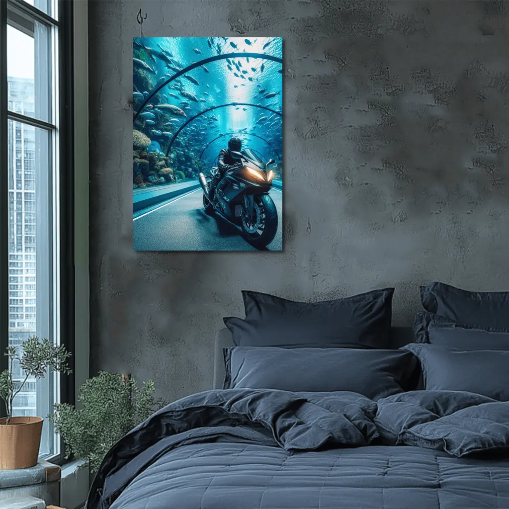 Sport Bike Rider Inside Underwater Aquarium Tunnel – Wall Art