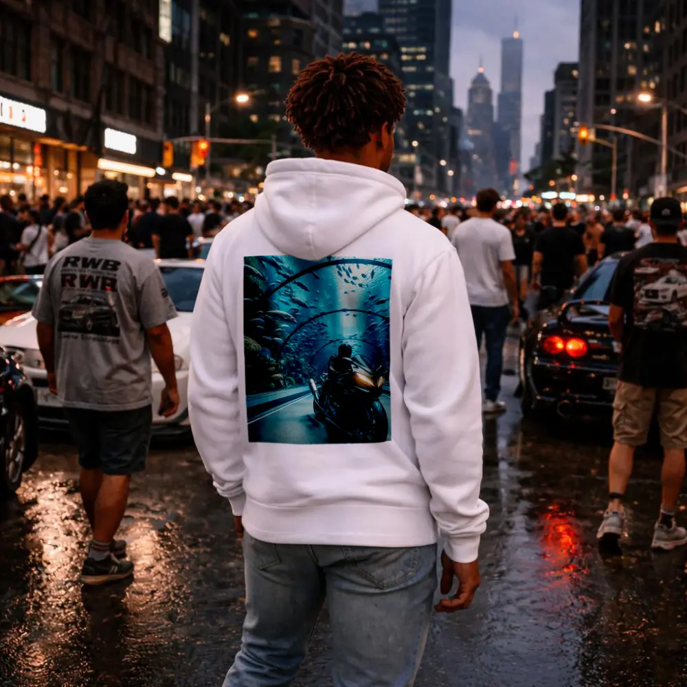 Sport Bike Rider Inside Underwater Aquarium Tunnel – Hoodies